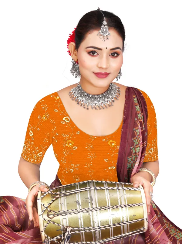 Orange_Cotton_Floral_Printed_Round_Neck_Saree_Blouse_For_Women
