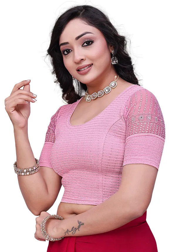 Pink_Cotton_Textured_Embroidered_Round_Neck_Saree_Blouse_For_Women