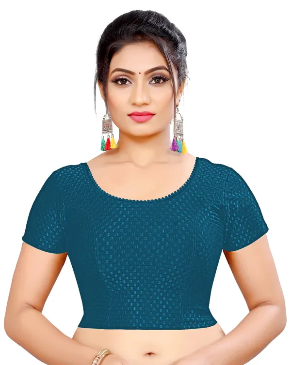Teal_Textured_Knit_Deep_Back_Short_Sleeve_Saree_Blouse_For_Women