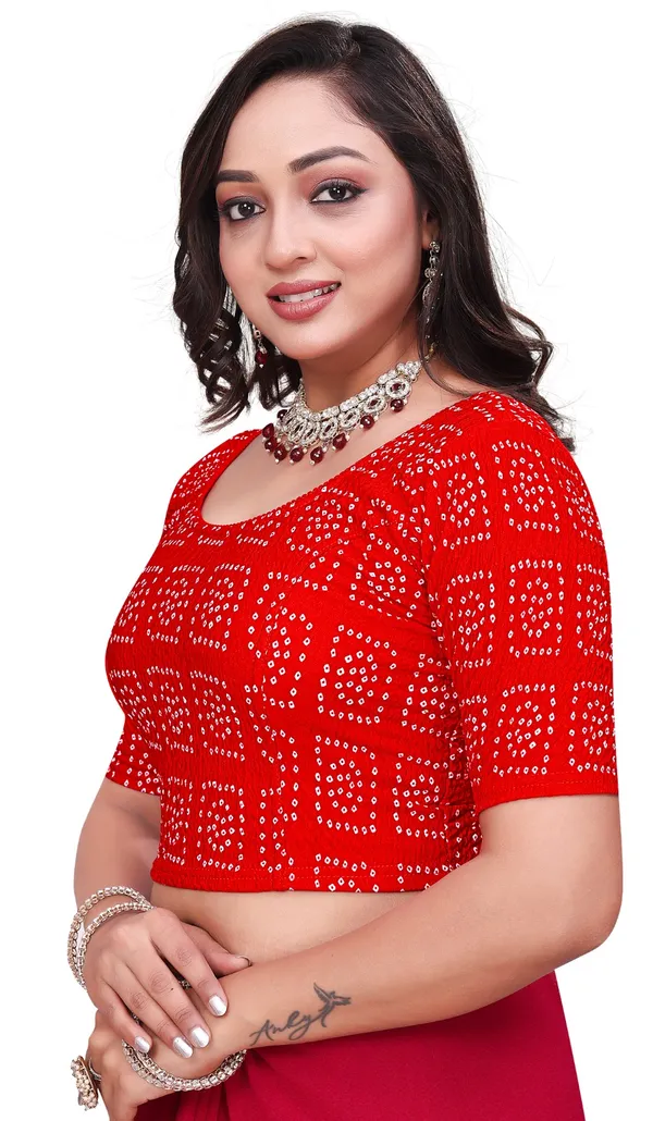 Orange_Red_Cotton_Bandhani_Print_Elbow_Sleeve_Saree_Blouse_For_Women