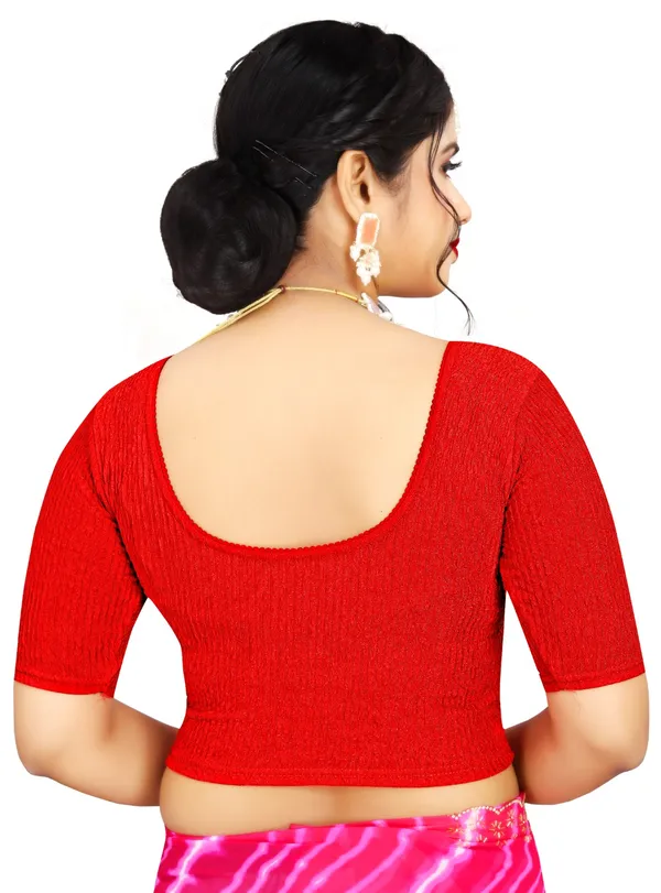 Red_Textured_Knit_Deep_Back_Elbow_Sleeve_Saree_Blouse_For_Women