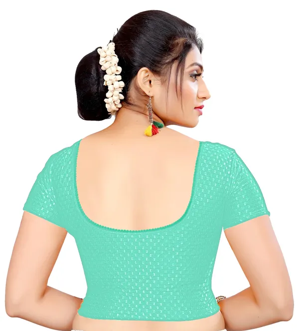 Sea_Green_Textured_Stretch_Round_Neck_Short_Sleeve_Saree_Blouse_For_Women