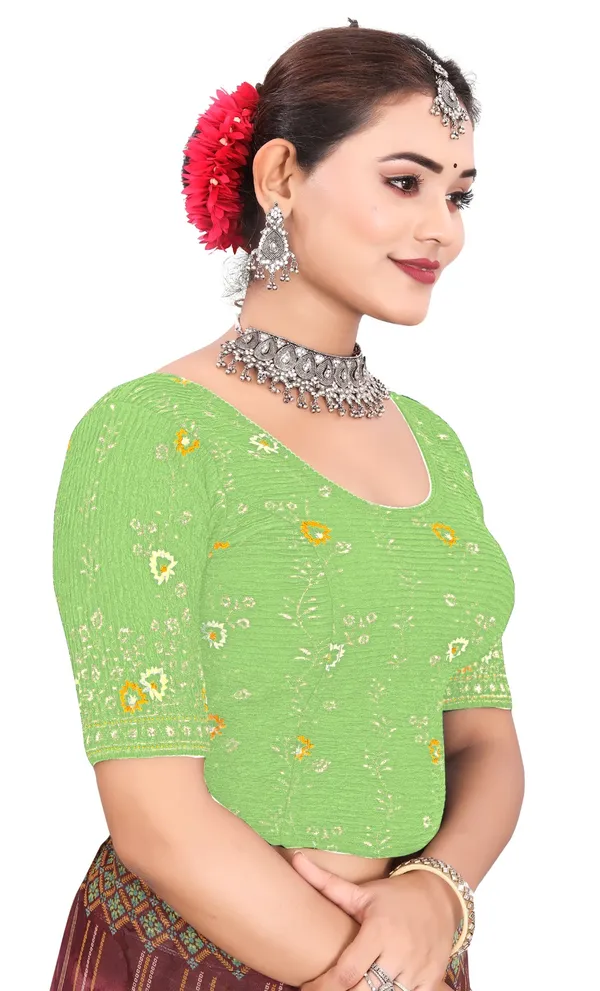 Green_Crepe_Bandhani_Print_Elbow_Sleeve_Saree_Blouse_For_Women