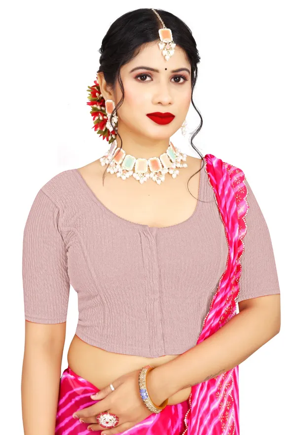 Mauve_Cotton_Textured_Round_Neck_Elbow_Sleeve_Saree_Blouse_For_Women
