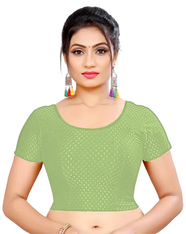 Green_Textured_Knit_Short_Sleeve_Saree_Blouse_For_Women