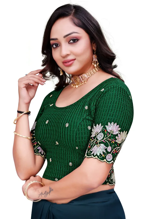 Green_Cotton_Embroidered_Sequin_Round_Neck_Elbow_Sleeve_Blouse_For_Women