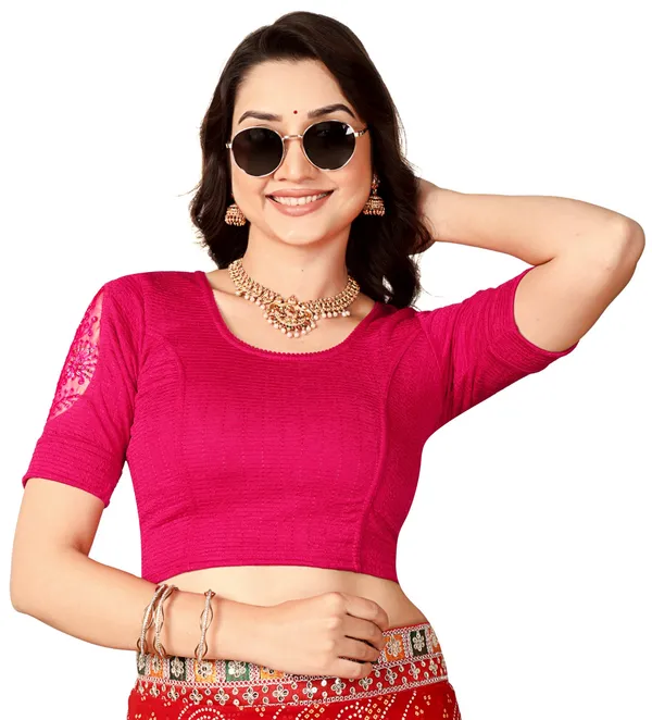 Pink_Cotton_Textured_Lace_Half_Sleeve_Round_Neck_Blouse_For_Women