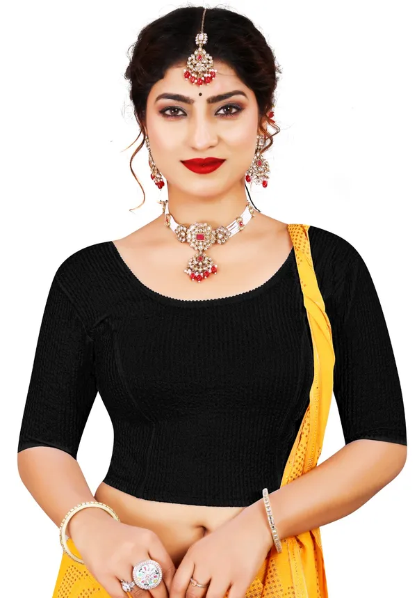 Black_Cotton_Textured_Round_Neck_Elbow_Sleeve_Blouse_For_Women