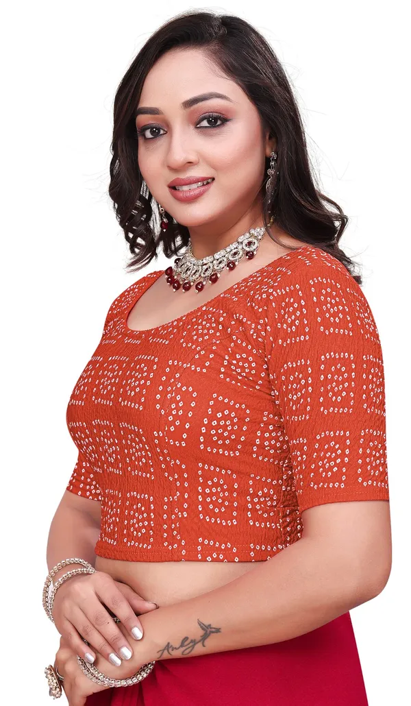 Orange_Red_Cotton_Bandhani_Print_Elbow_Sleeve_Saree_Blouse_For_Women