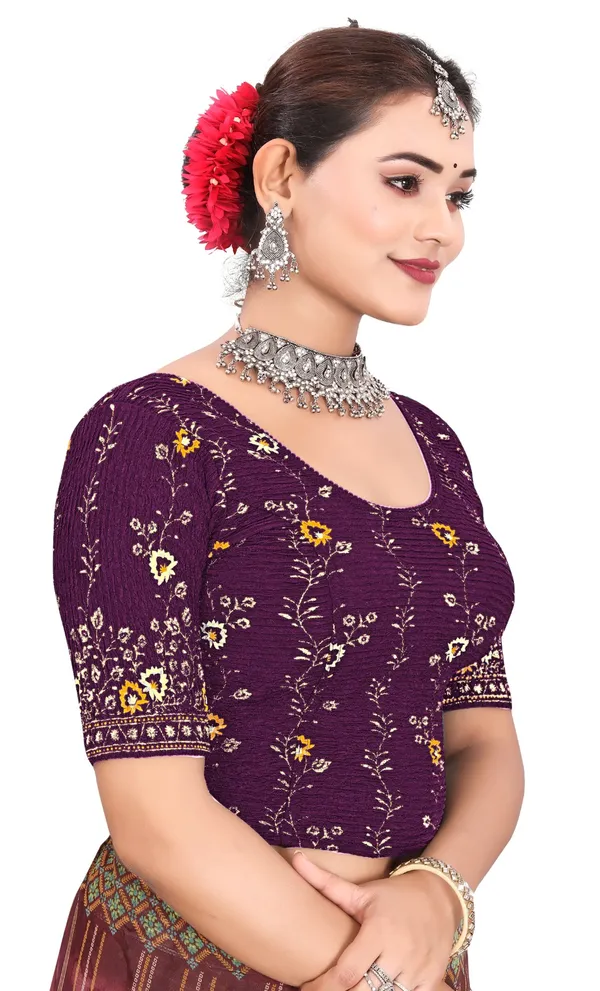 Purple_lycra_Floral_Embroidered_Round_Neck_Elbow_Sleeve_Blouse_For_Women