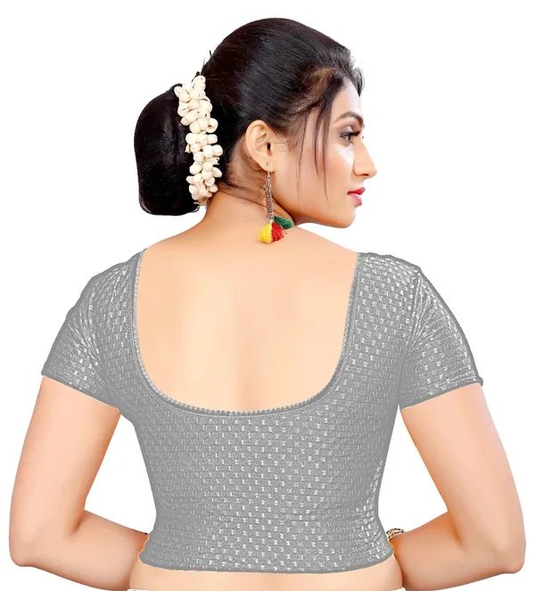 Grey_Net_Textured_Round_Neck_Saree_Blouse_For_Women