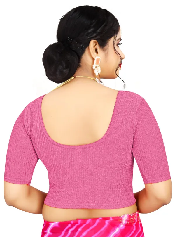 Pink_Cotton_Textured_Round_Neck_Elbow_Sleeve_Saree_Blouse_For_Women