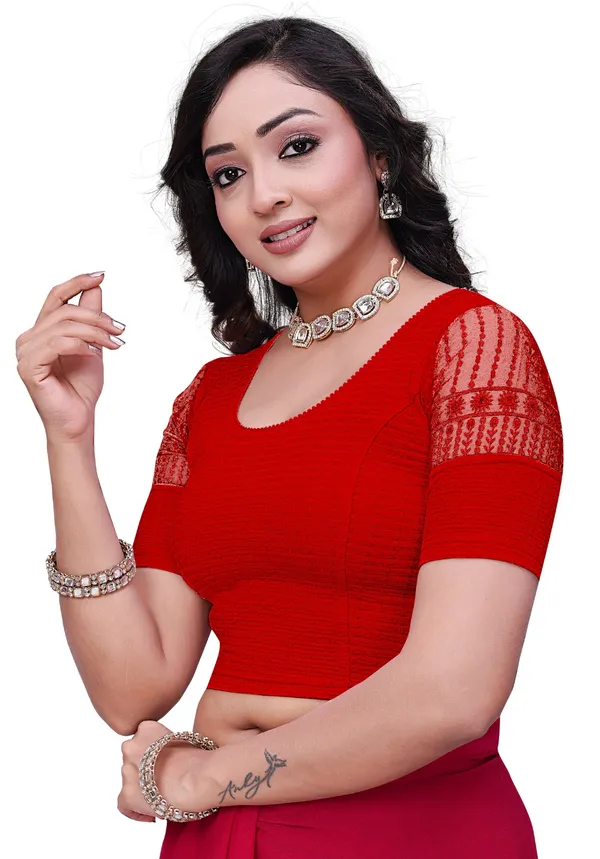 Red_Cotton_Textured_Net_Sleeve_Round_Neck_Saree_Blouse_For_Women