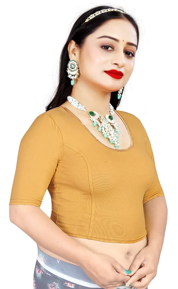 Mustard_Yellow_Cotton_Stretchable_Round_Neck_Saree_Blouse_For_Women