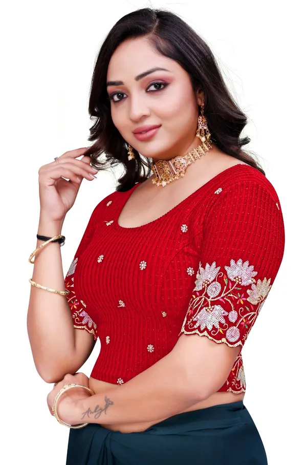Red_Cotton_Embroidered_Sequin_Round_Neck_Elbow_Sleeve_Blouse_For_Women