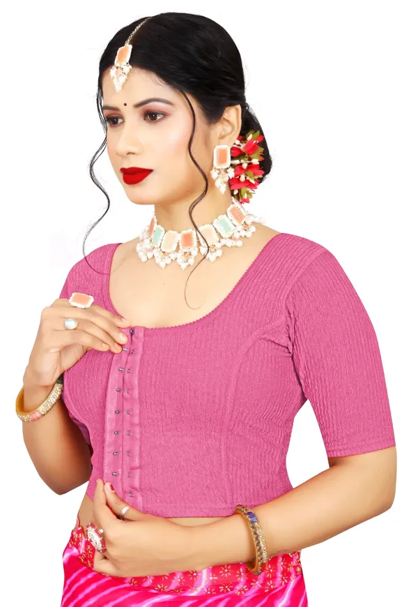 Pink_Cotton_Textured_Round_Neck_Elbow_Sleeve_Saree_Blouse_For_Women