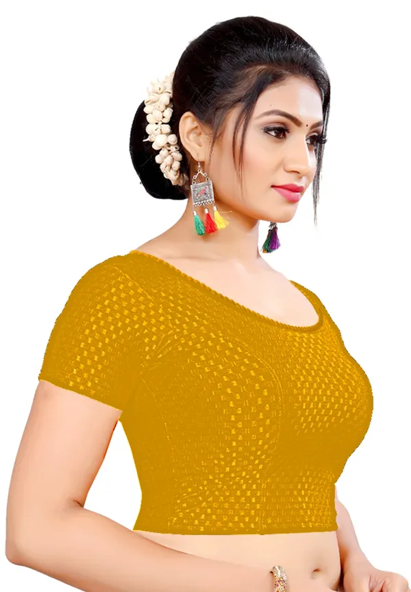 Mustard_Yellow_Cotton_Textured_Round_Neck_Saree_Blouse_For_Women