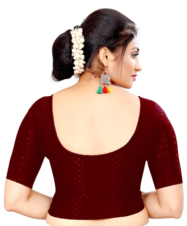 Maroon_Velvet_Picot_Lace_Half_Sleeve_Saree_Blouse_For_Women