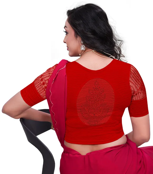 Red_Cotton_Textured_Net_Sleeve_Round_Neck_Saree_Blouse_For_Women
