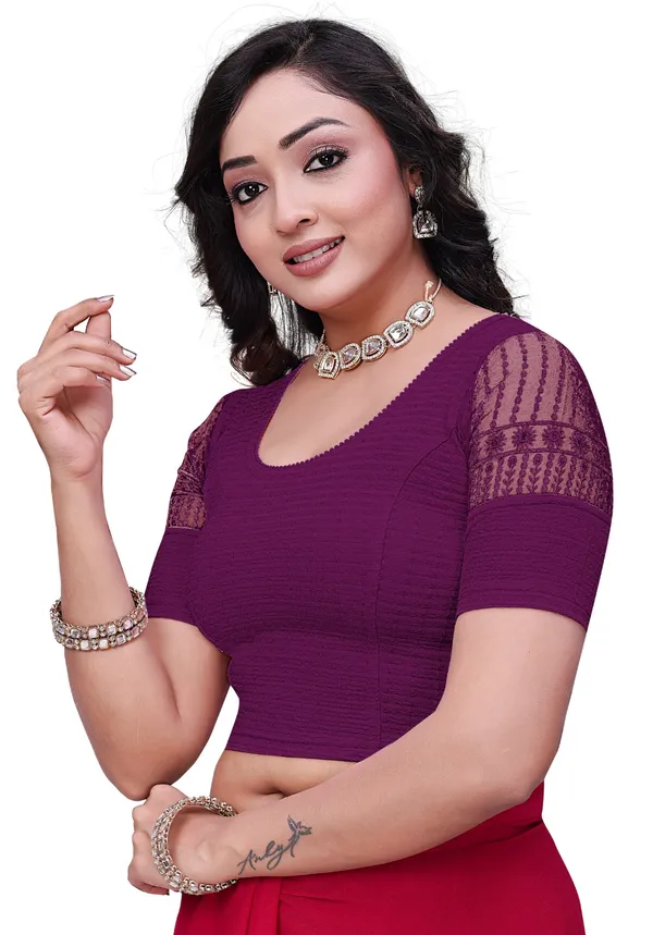 Purple_Textured_Net_Sleeve_Round_Neck_Fitted_Saree_Blouse_For_Women
