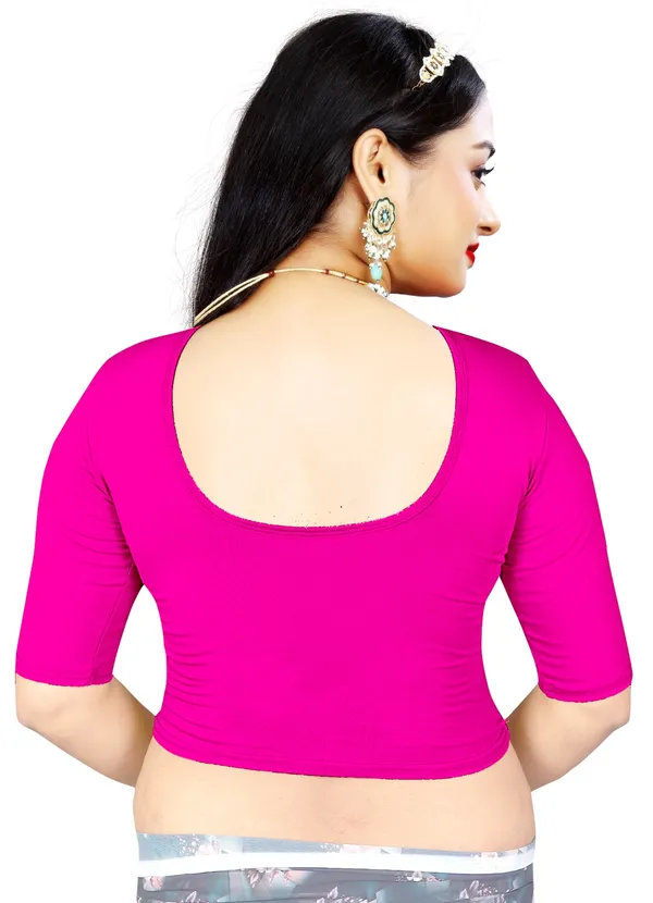 Pink_Cotton_Stretchable_Round_Neck_Elbow_Sleeve_Blouse_For_Women