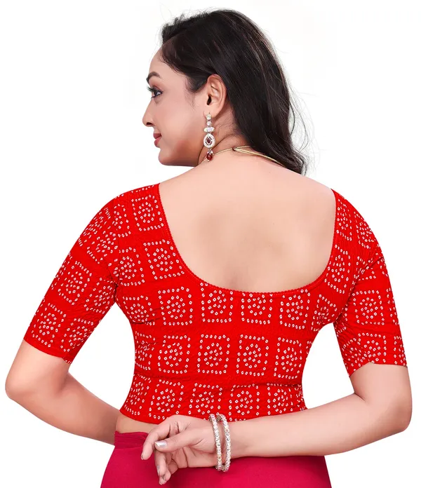 Orange_Red_Cotton_Bandhani_Print_Elbow_Sleeve_Saree_Blouse_For_Women