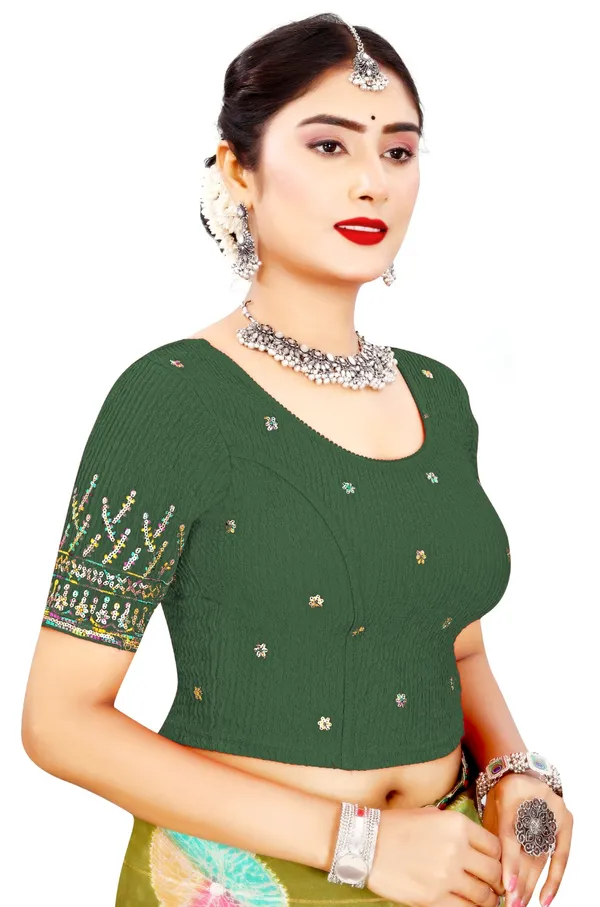 Green_Cotton_Crinkle_Textured_Embroidered_Saree_Blouse_For_Women