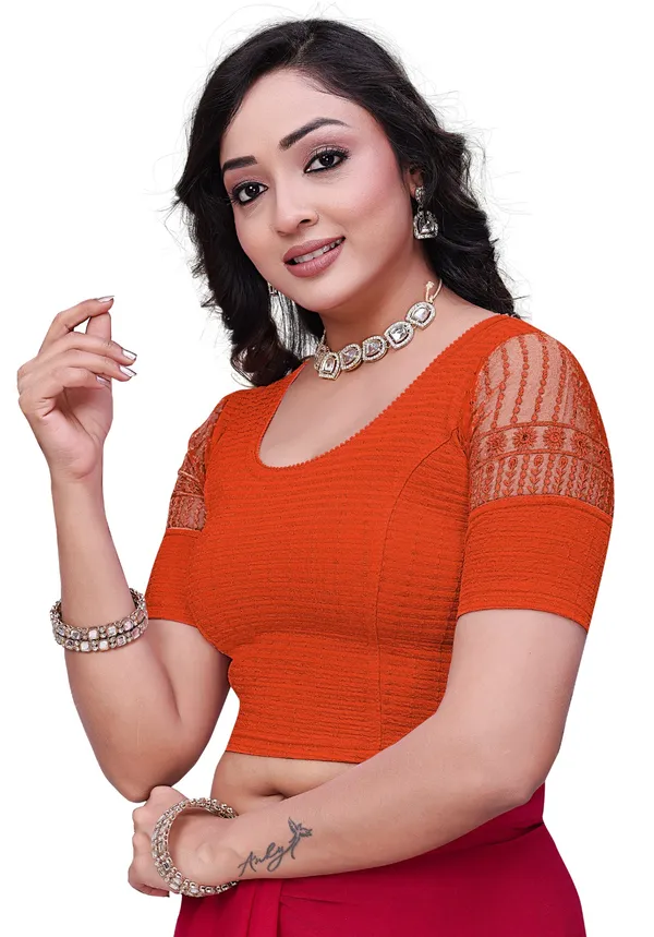 Orange_Cotton_Textured_Embroidered_Round_Neck_Saree_Blouse_For_Women