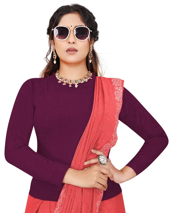 Wine_Women's_Cotton_Blend_Stretchable_Full_Sleeve_Blouse_–_Round_Neck