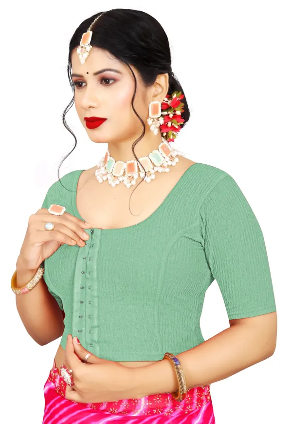 Sea_Green_Cotton_Textured_Round_Neck_Front_Hook_Saree_Blouse_For_Women