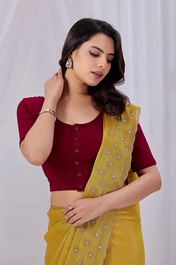 Maroon_Cotton_Front_Button_Round_Neck_Saree_Blouse_For_Women