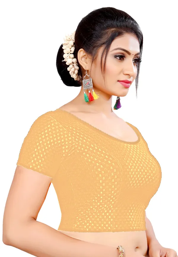 Beige_Cotton_Textured_Round_Neck_Short_Sleeve_Saree_Blouse_For_Women
