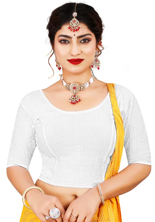 White_Cotton_Textured_Square_Neck_Elbow_Sleeve_Saree_Blouse_For_Women