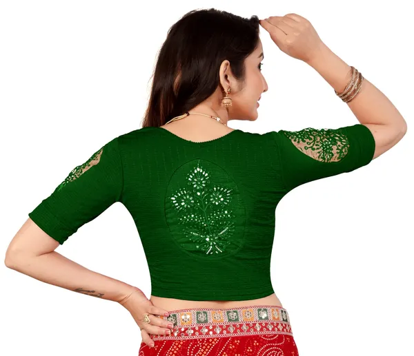 Green_Cotton_Crinkle_Textured_Embroidered_Saree_Blouse_For_Women
