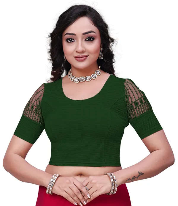 Green_Cotton_Net_Sleeve_Embroidered_Saree_Blouse_For_Women