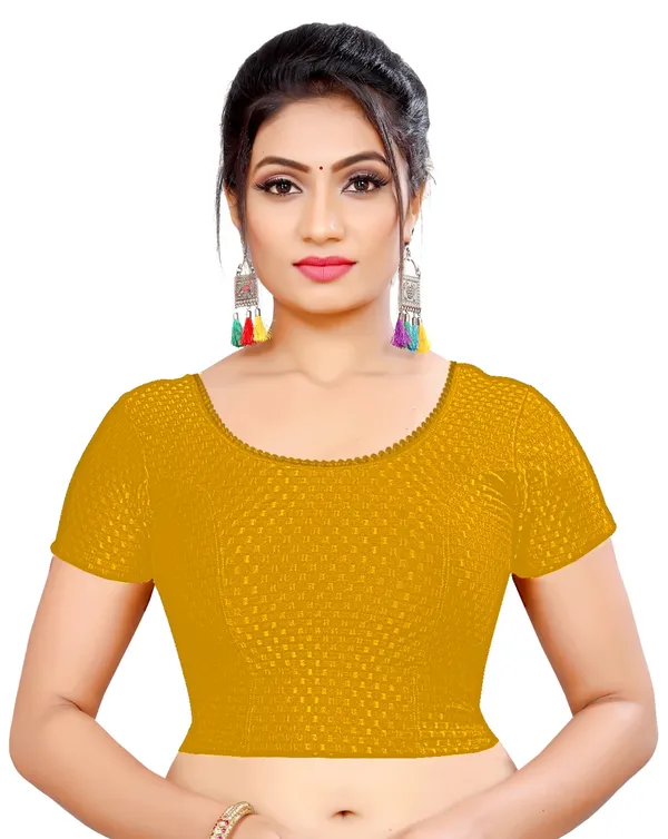 Mustard_Yellow_Cotton_Textured_Round_Neck_Saree_Blouse_For_Women