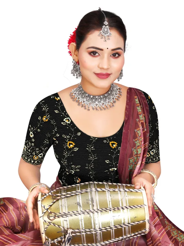 Black_Cotton_Floral_Embroidered_Round_Neck_Saree_Blouse_For_Women