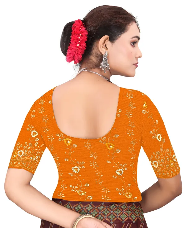Orange_Cotton_Floral_Printed_Round_Neck_Saree_Blouse_For_Women