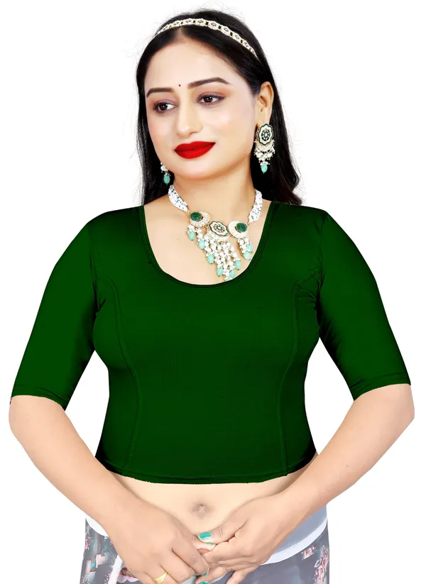 Green_Cotton_Lycra_Round_Neck_Stretch_Fit_Saree_Blouse_For_Women