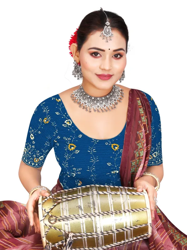 Blue_Cotton_Floral_Embroidered_Round_Neck_Saree_Blouse_For_Women