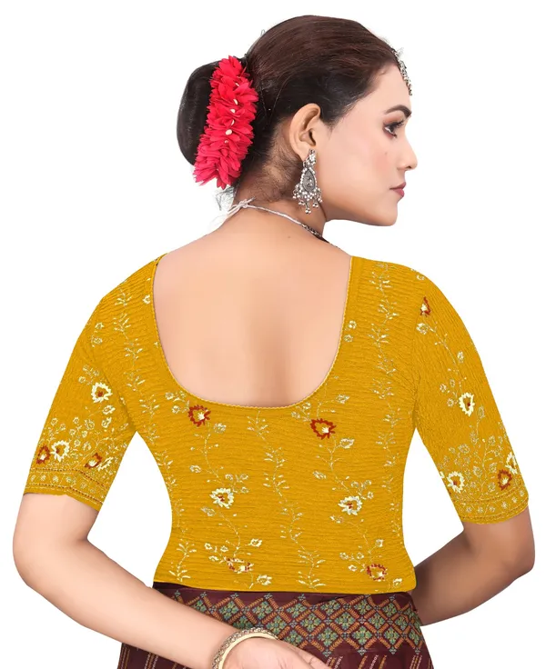 Yellow_Crinkle_Floral_Print_Round_Neck_Elbow_Sleeve_Saree_Blouse_For_Women