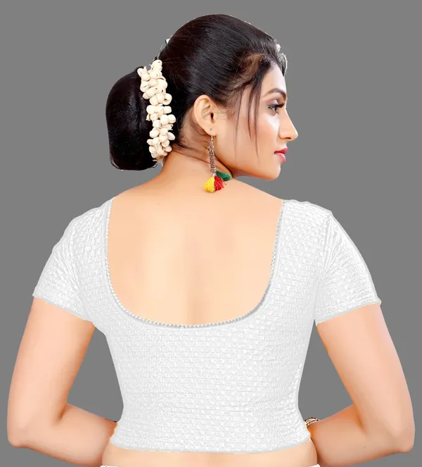 White_Cotton_Textured_Round_Neck_Short_Sleeve_Blouse_For_Women