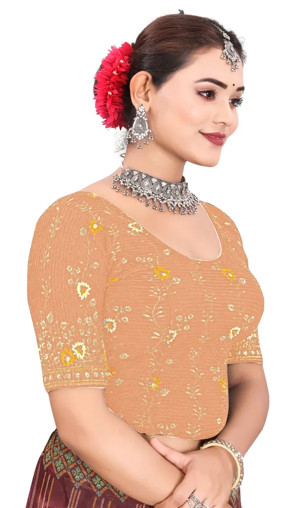 Peach_Crinkle_Floral_Embroidered_Elbow_Sleeve_Saree_Blouse_For_Women