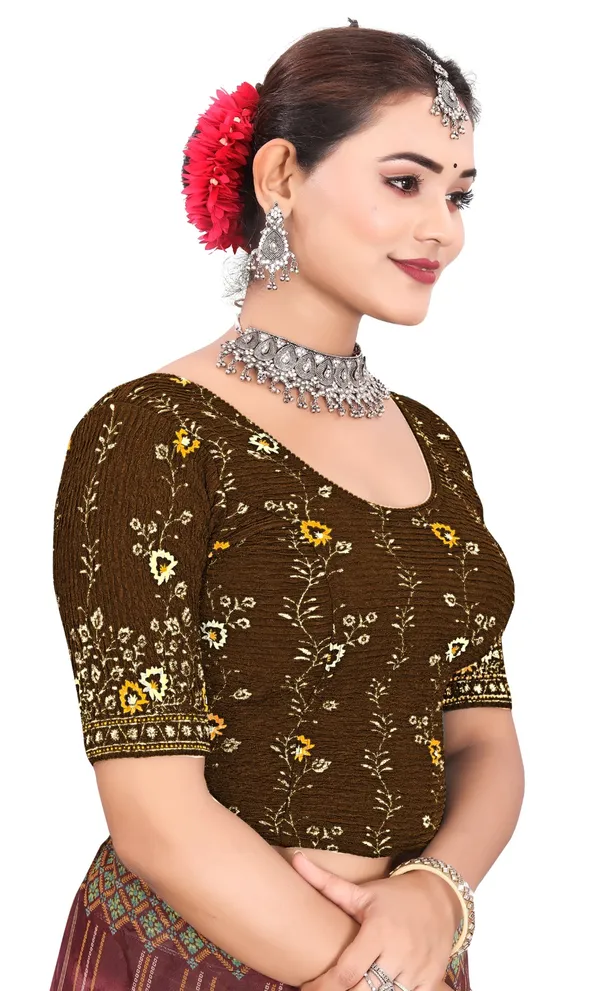 Brown_Cotton_Floral_Embroidered_Round_Neck_Saree_Blouse_For_Women