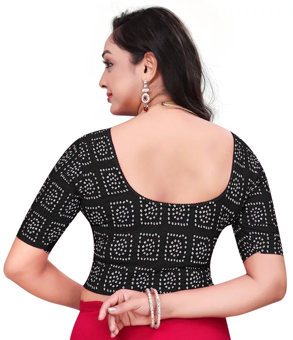 Black_Bandhani_Print_Sequin_Embellished_Elbow_Sleeve_Saree_Blouse_For_Women