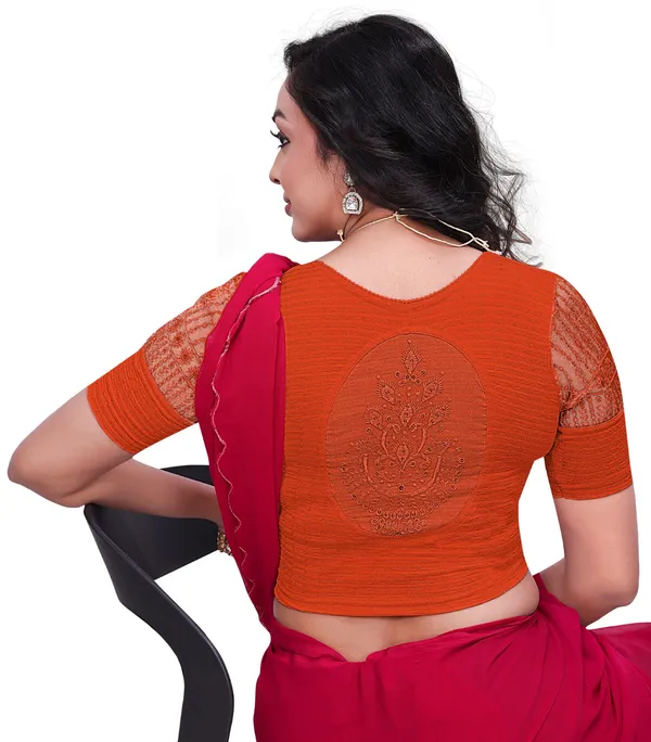 Orange_Cotton_Textured_Embroidered_Round_Neck_Saree_Blouse_For_Women