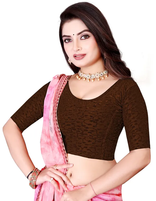 Brown_Textured_Stretch_Round_Neck_Elbow_Sleeve_Saree_Blouse_For_Women
