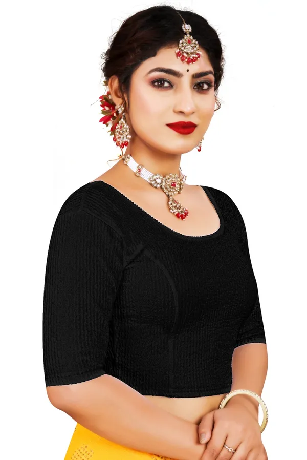 Black_Cotton_Textured_Round_Neck_Elbow_Sleeve_Blouse_For_Women