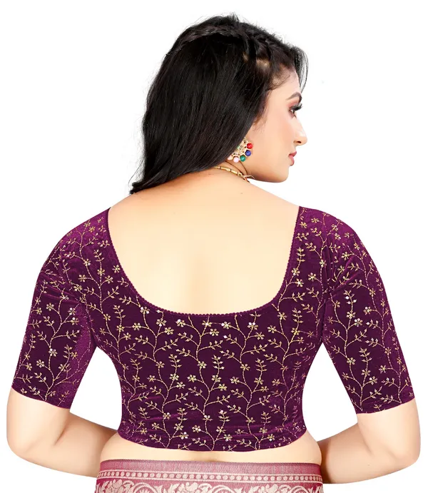 Purple_Cotton_Floral_Embroidered_Elbow_Sleeve_Saree_Blouse_For_Women