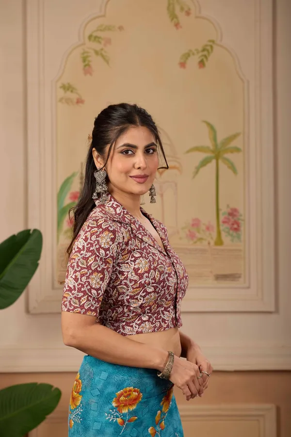 Blue_Silk_Floral_Print_Saree_Blouse_For_Women
